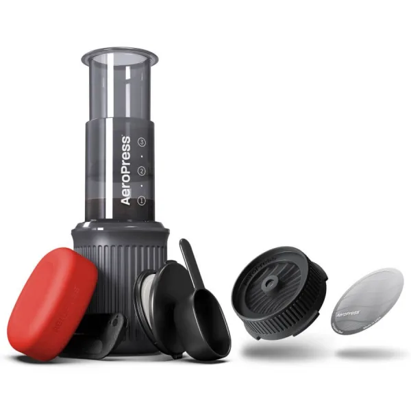 AeroPress Go Coffee Maker, Stainless Steel Filter, & Flow Control Filter Cap Bundle